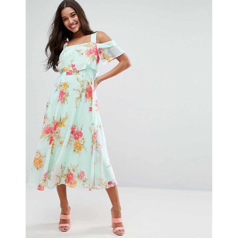 ASOS Cami Cold Shoulder Flutter Sleeve Midi Dress in Floral Print Size 2 - NWT